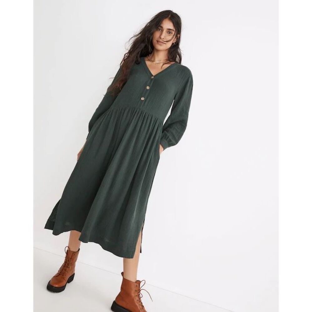 Madewell Lightspun Button-Front Midi Dress in Dark Palm Size 4